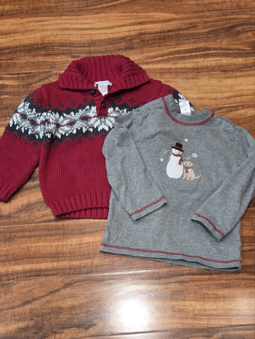 Janie and Jack EUC 2T Red/Gray Fair Isle Sweater and Snowman Top